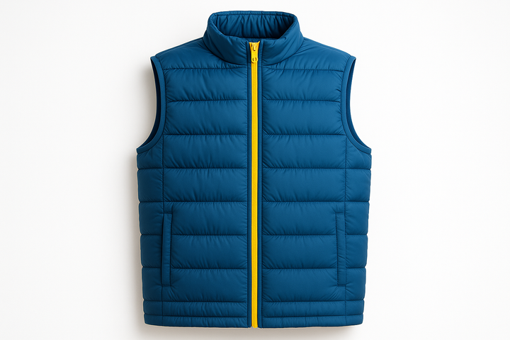 generate 1:1 image of mens puffer jacket sleeveless in blue color with yellow zip.